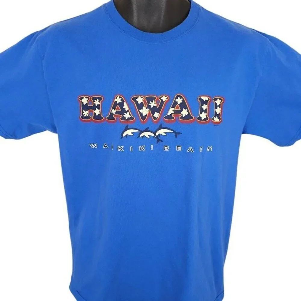 Vintage Waikiki Beach T Shirt Mens Size Medium Blue Y2K Hawaii Dolphins